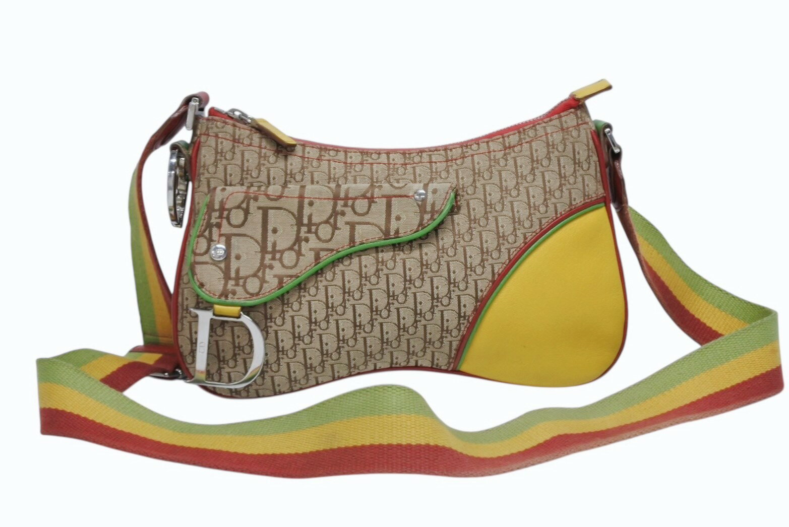極美品 Christian Dior クリスチャンディオール ショルダーバッグ トロッター ラスタカラー レザー キャンバス シルバー金具 中古 4b011226