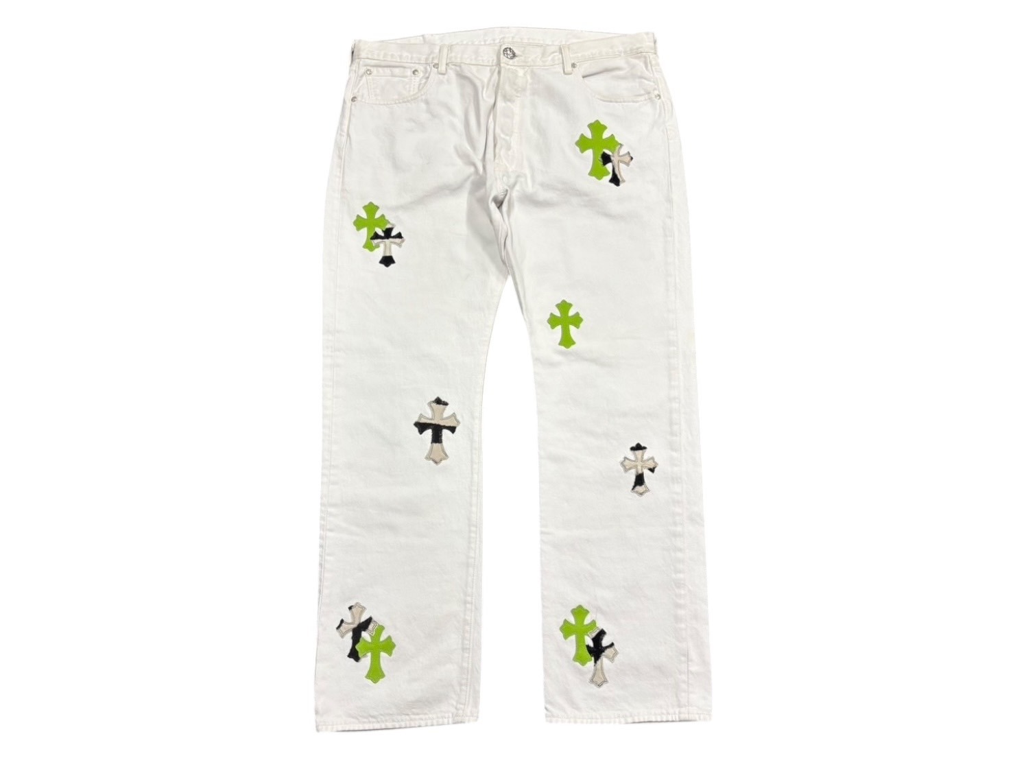 極美品 CHROME HEARTS クロムハーツ × Levi's リーバイス セメタリークロスパッチ デニムパンツ サイズ38 ハラコ 18パッチ 中古 4b011646