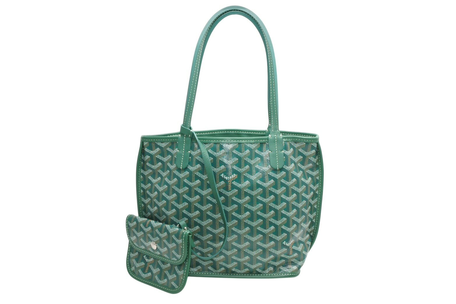 GOYARD - 極美品 GOYARD ゴヤール ハンドバッグ アンジュ ミニポーチ付き リバーシブル グリーン ヘリンボーン柄 PVC レザー 中古 4b013077
