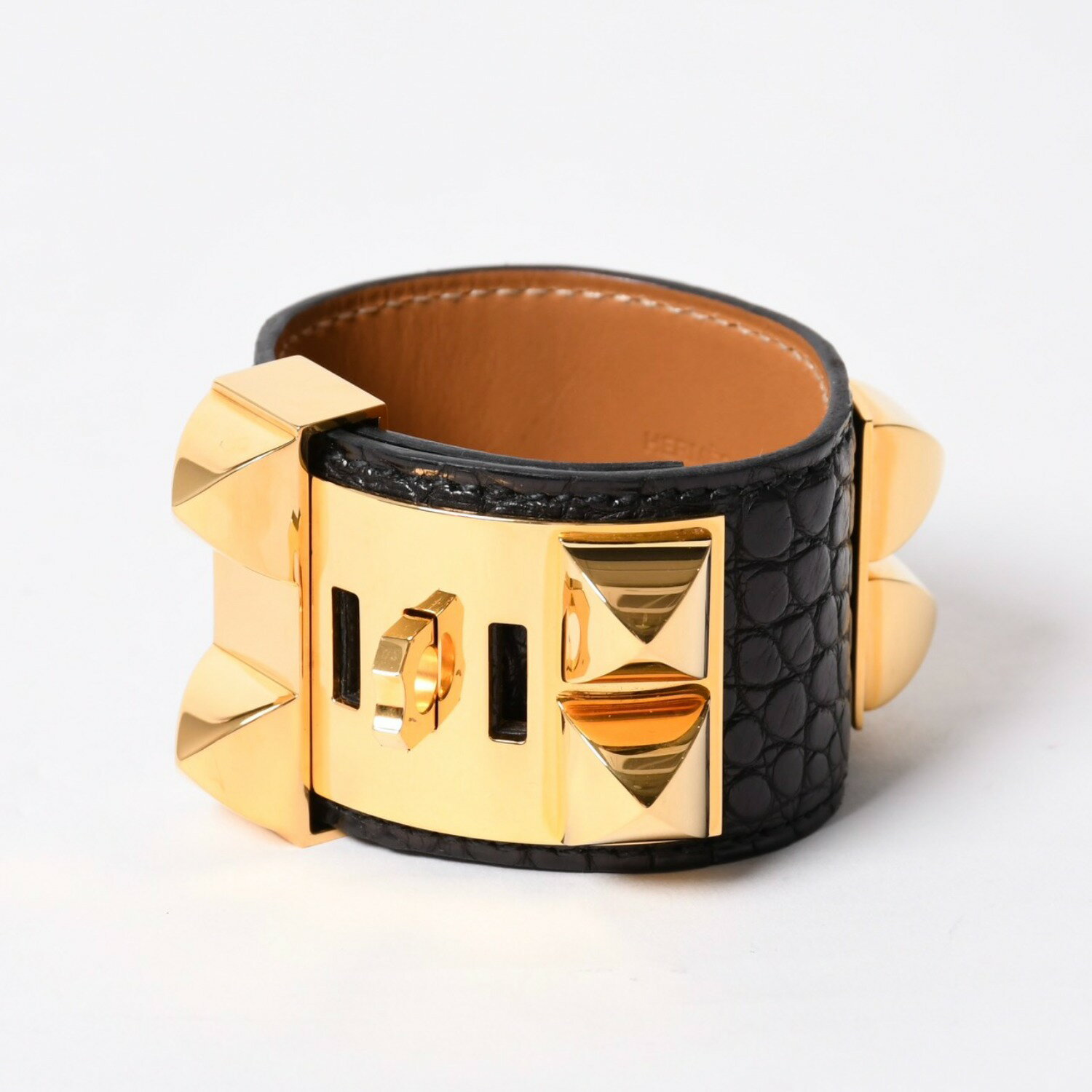 Pink - HERMES エルメス Collier de Chien コリエ ド シアン ブレスレット サイズS □P刻印 アリゲーター ブラック ゴールド 美品 中古 4b014192