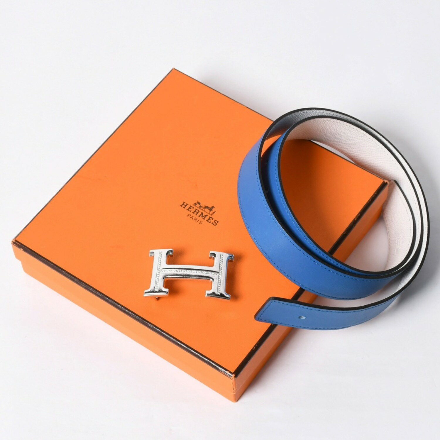 HERMES - HERMES エルメス ベルト バックル Hロゴ ダイヤ □O刻 リバーシブル ブルー ホワイト サイズ90 シルバー金具 美品 中古 4b014028