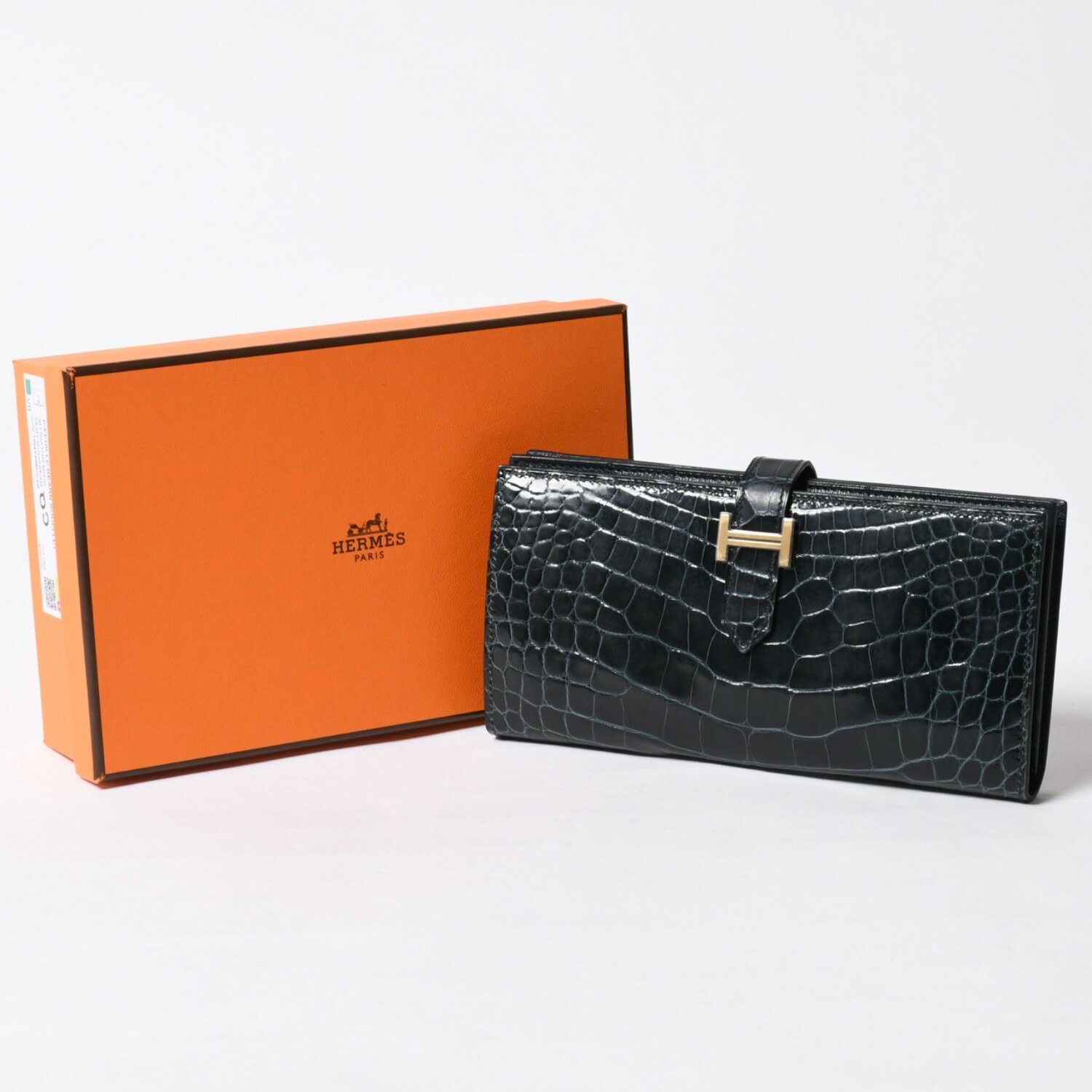 極美品 HERMES エルメス ベアンスフレ 長財布 K刻印 ダークグリーン クロコダイル アリゲータ ゴールド金具 中古 4a000337