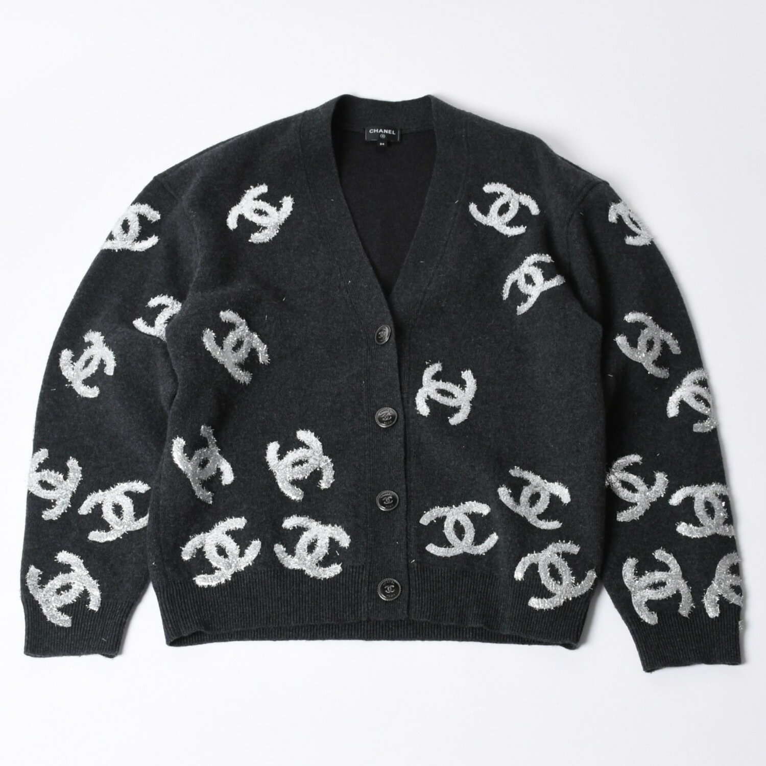 極美品 CHANEL シャネル アンサンブル カーディガン ココマーク 22A P72997K10494 カシミア グレー シルバー サイズ34 中古 4b013280