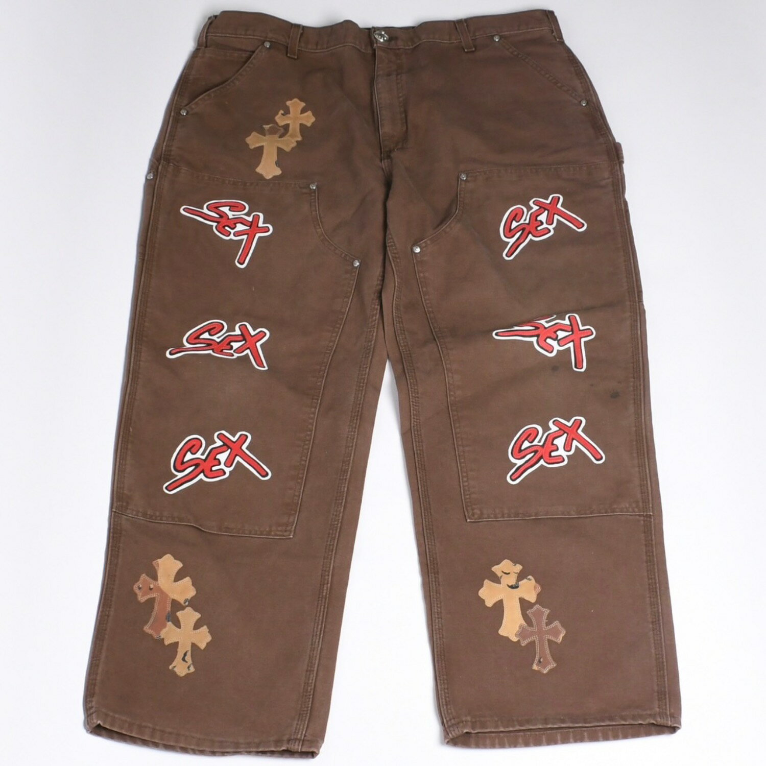 極美品 CHROME HEARTS クロムハーツ × MATTY BOY マッティボーイ SEX RECORDS ダブルニーパンツ サイズ38 22パッチ 中古 4a001292