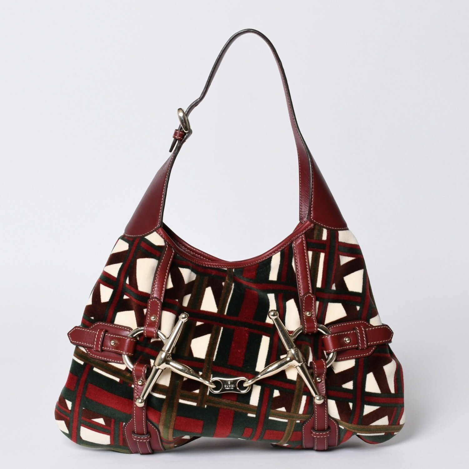 Rakuten - 極美品 GUCCI グッチ 85周年記念 ホースビット ホーボー ワンショルダーバッグ 163804 2123 レッド マルチカラー ベロア レザー シルバー金具 中古 4a001095