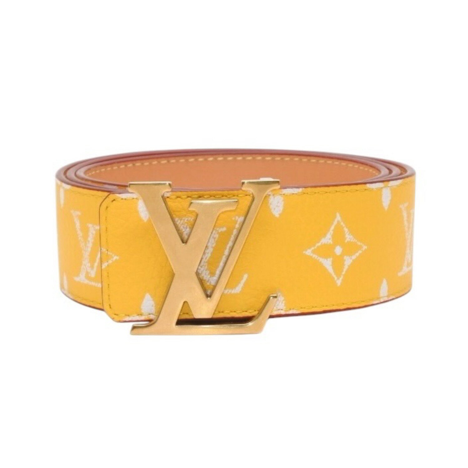 極美品 LouisVuitton ルイヴィトン ベルト LVイニシャル M8458 モノグラムキャンバス イエロー ホワイト ゴールド金具 中古 4a001310