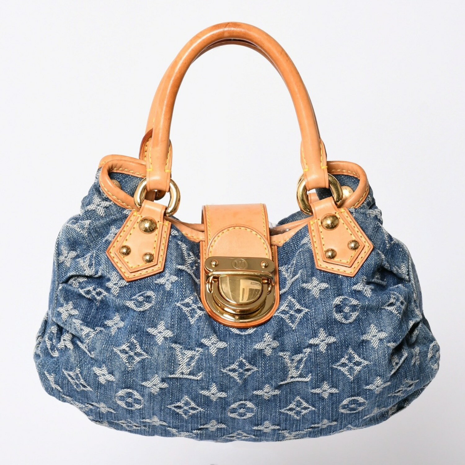 Rakuten - 極美品 LOUIS VUITTON ルイヴィトン プリーティ ハンドバッグ M95020 モノグラム デニム レザー ブルー ゴールド金具 美品 中古 4b001444