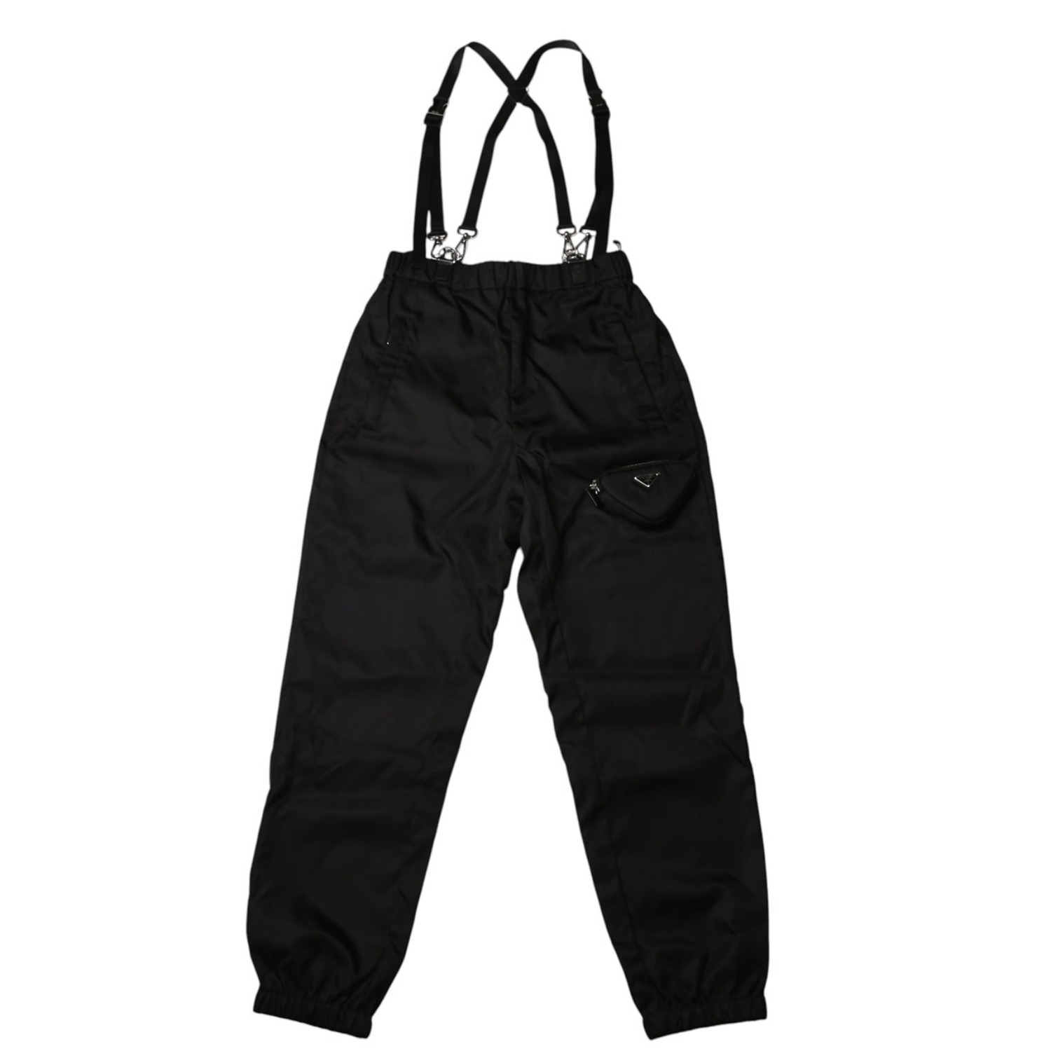 Rakuten - 極美品 PRADA プラダ ポーチ付きRe-Nylon サスペンダーパンツ トライアングルポーチ ブラック シルバー金具 サスペンダー ナイロン メタルプレート 中古 4a001962