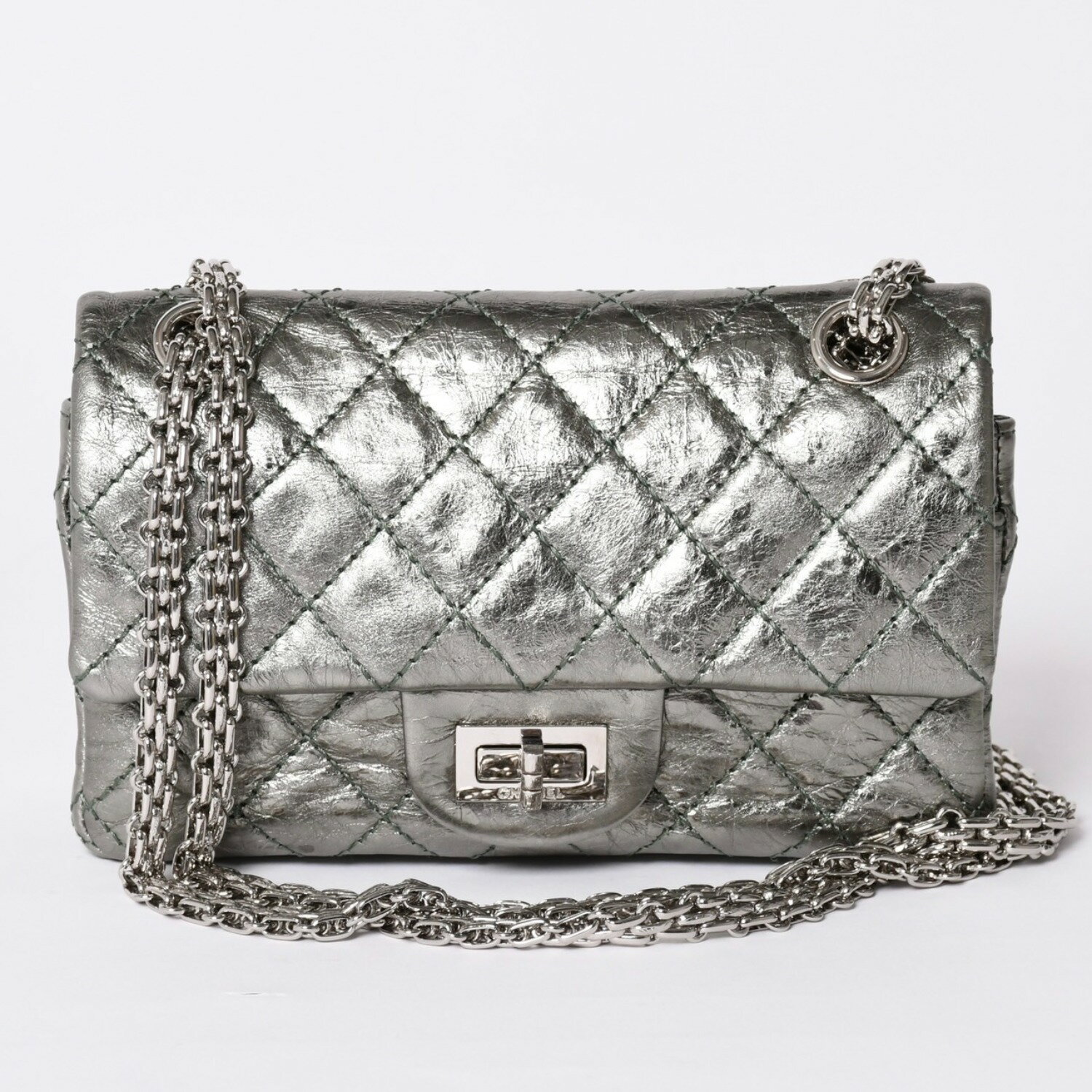 Rakuten - 極美品 CHANEL シャネル 2.55 Wフラップ Wチェーンショルダーバッグ AS0874 11番台 ヴィンテージカーフスキン メタリックグリーン 中古 4a002128