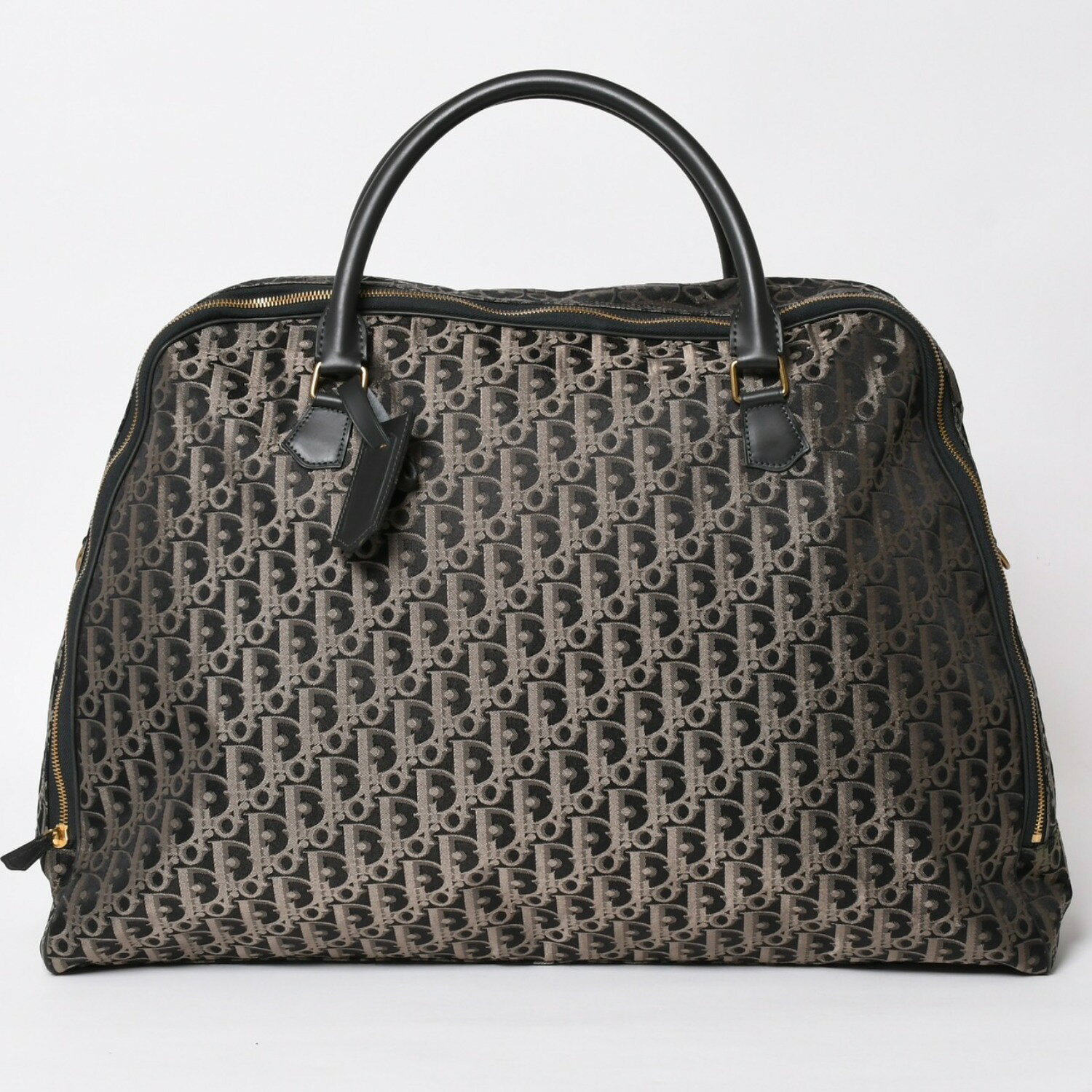 CHRISTIAN DIOR - 極美品 Christian Dior クリスチャンディオール オブリーク トロッター ボストンバッグ ジャガードキャンバス カーフスキン ブラック ゴールド金具 WS27279 中古 4a002093