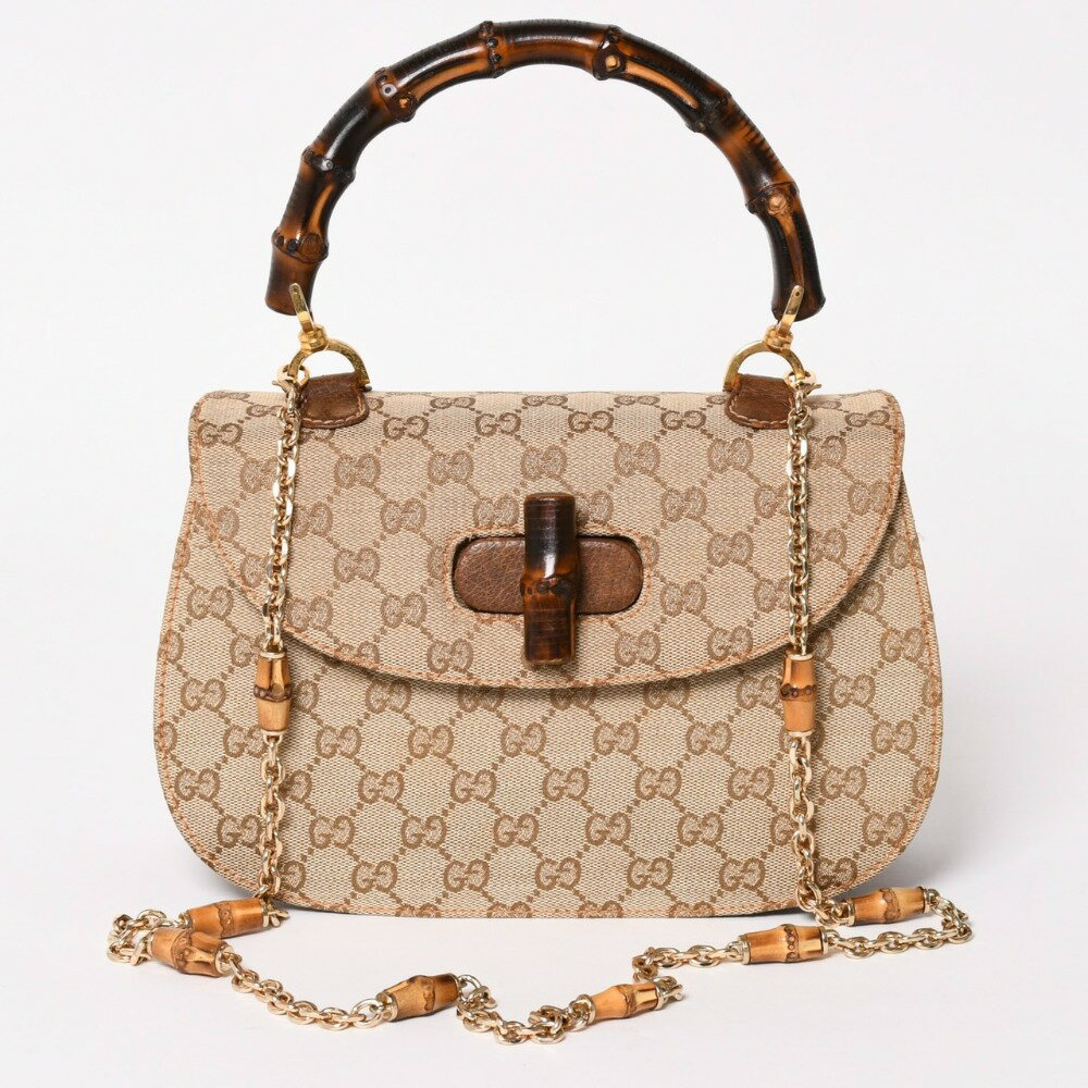 乐天商城 - GUCCI グッチ バンブーハンドバッグ オールドグッチ ショルダーバッグ GGキャンバス バンブー ブラウン ベージュ ターンロック 美品 中古 4a003328
