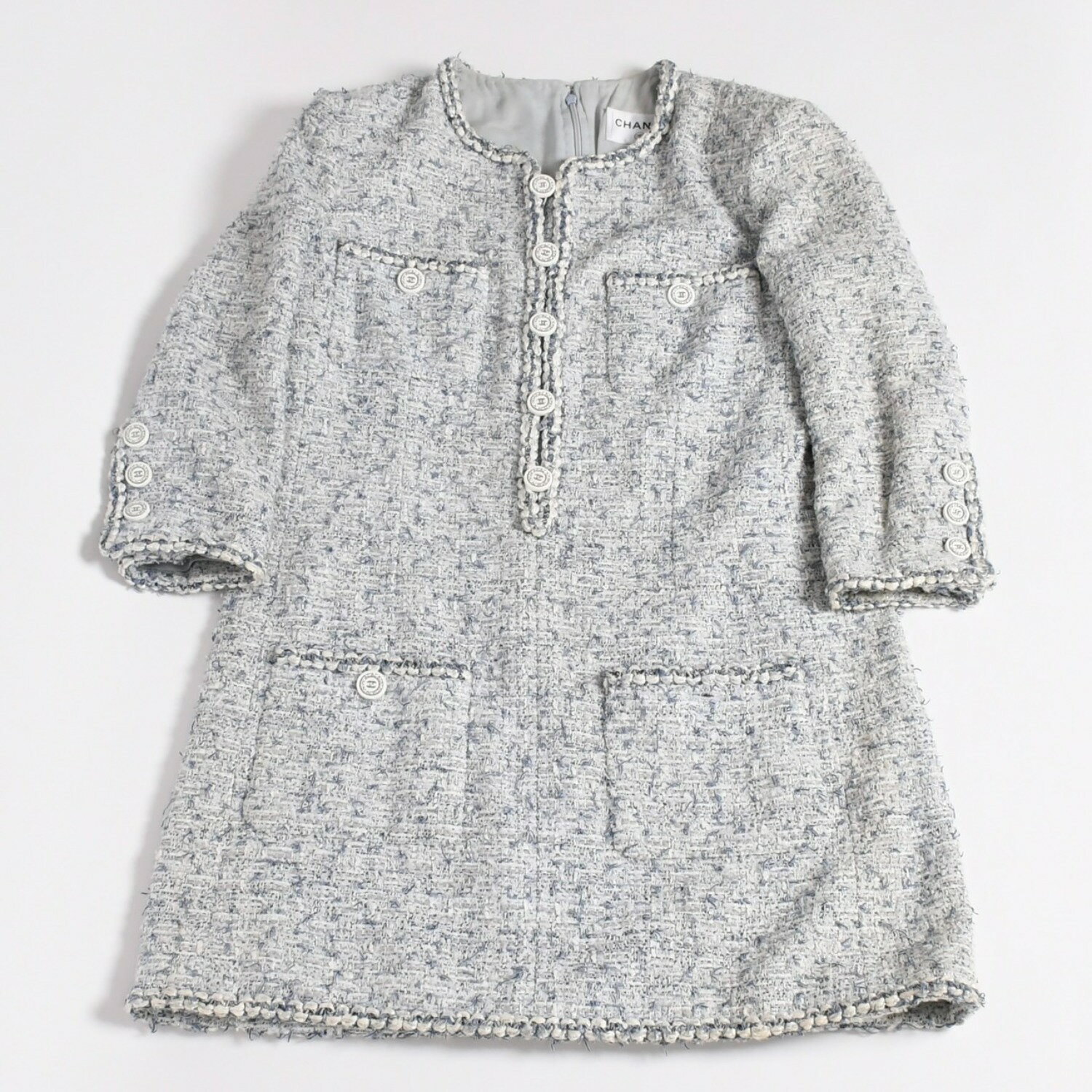 Rakuten - CHANEL シャネル ルサージュ ファンシーツイードドレス P60284V45762 サイズ42 ココマーク ノーカラー ブルー ホワイト 美品 中古 4a003301