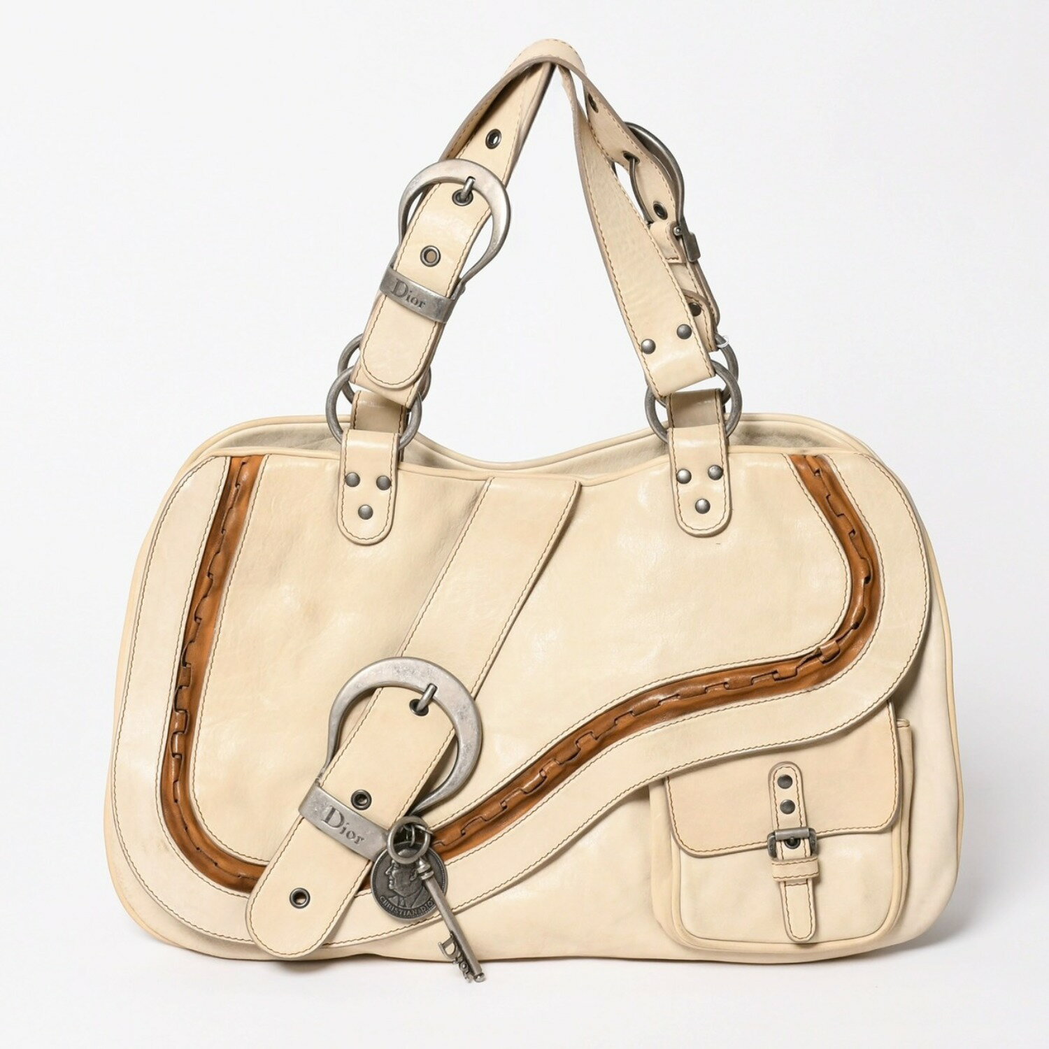 Rakuten - Christian Dior クリスチャンディオール ガウチョサドルトートバッグ ショルダーバッグ 08-MA-0046 ガリアーノ期 2006SS レザー ベージュ 美品 中古 4a003501