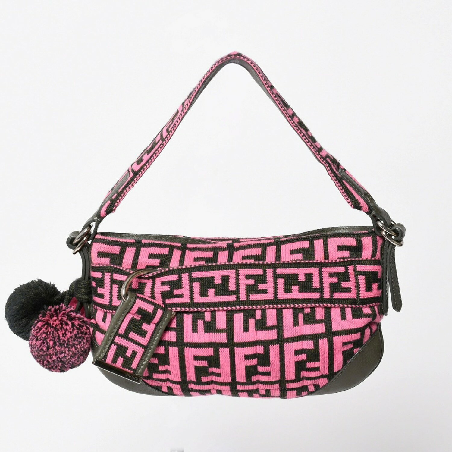 樂天商城 - 極美品 FENDI フェンディ ワンショルダーバッグ 8BR499 ズッカ柄 ニット レザー ピンク カーキ シルバー金具 中古 4a003367