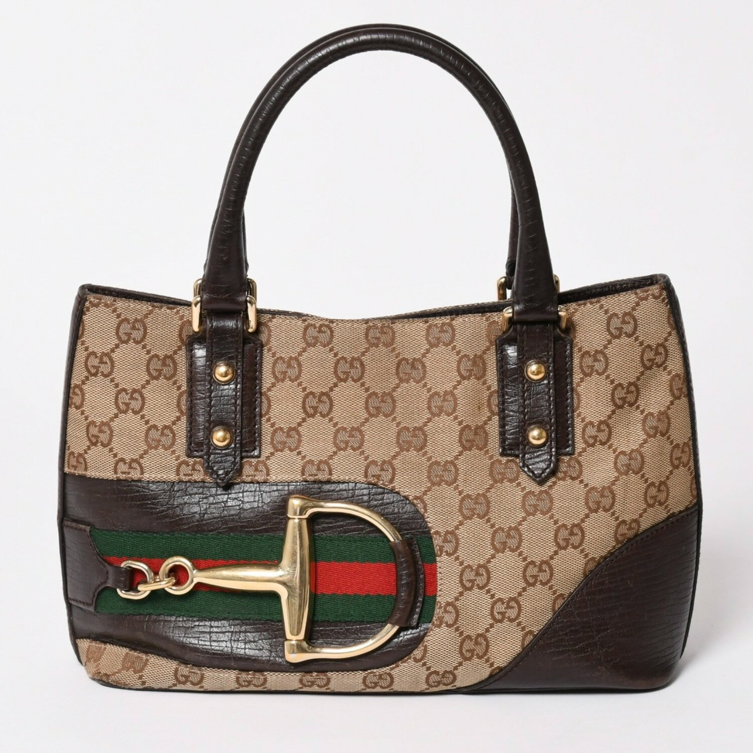 GUCCI グッチ GGキャンバス ホースビット ハンドバッグ ゴールド金具 シェリーライン ダークブラウン 137475 美品 中古 4a003504