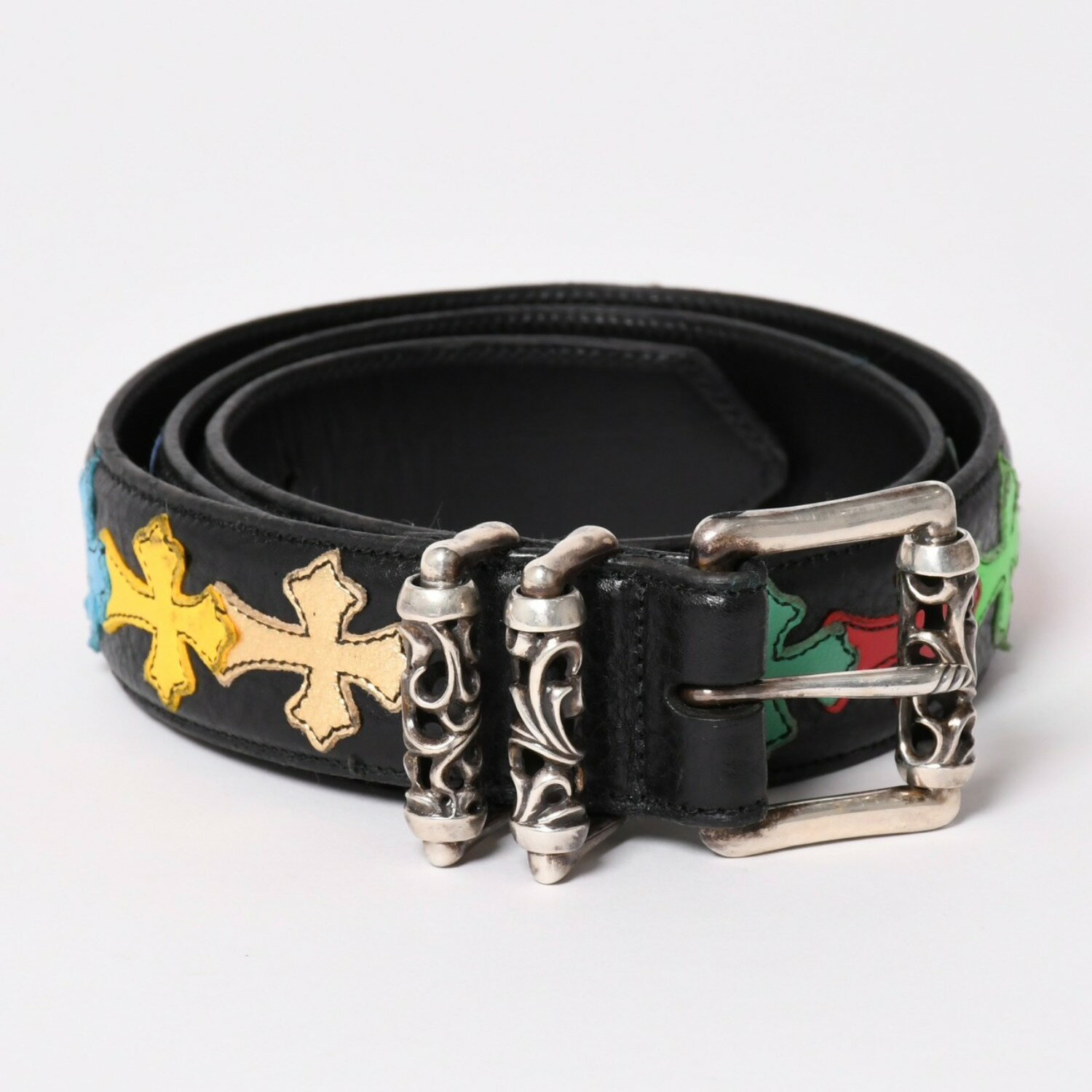 乐天商城 - 極美品 CHROME HEARTS クロムハーツ シルバー 3PC ローラー ベルト ブラック マルチカラー サイズ34 レザー 中古 4a003758