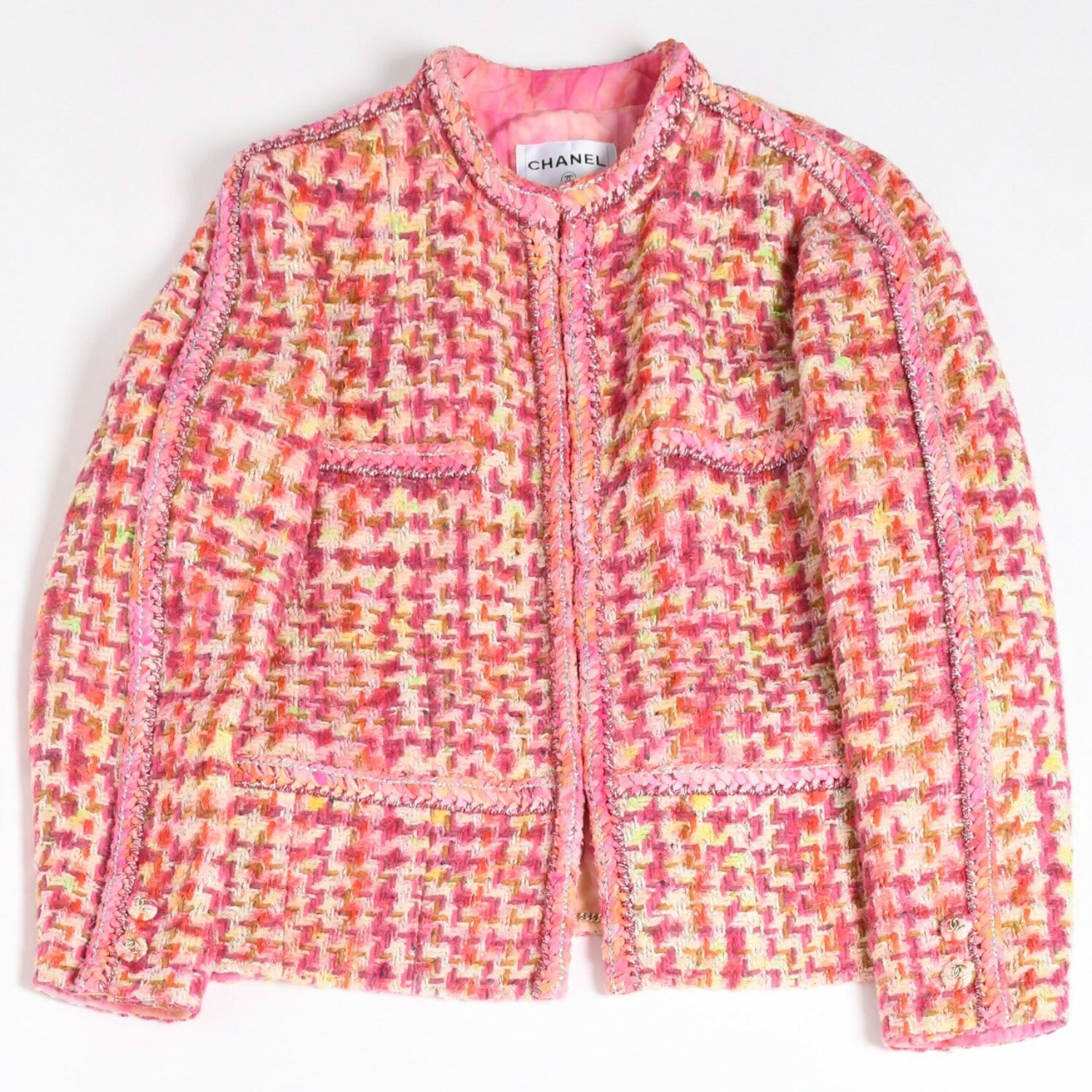 乐天商城 - 極美品 CHANEL シャネル 20A ハウンドトゥース ファンシーノーカラーツイードジャケット P64621 ココマーク タイダイ風 シルク ビーズトリミング 中古 4b012755