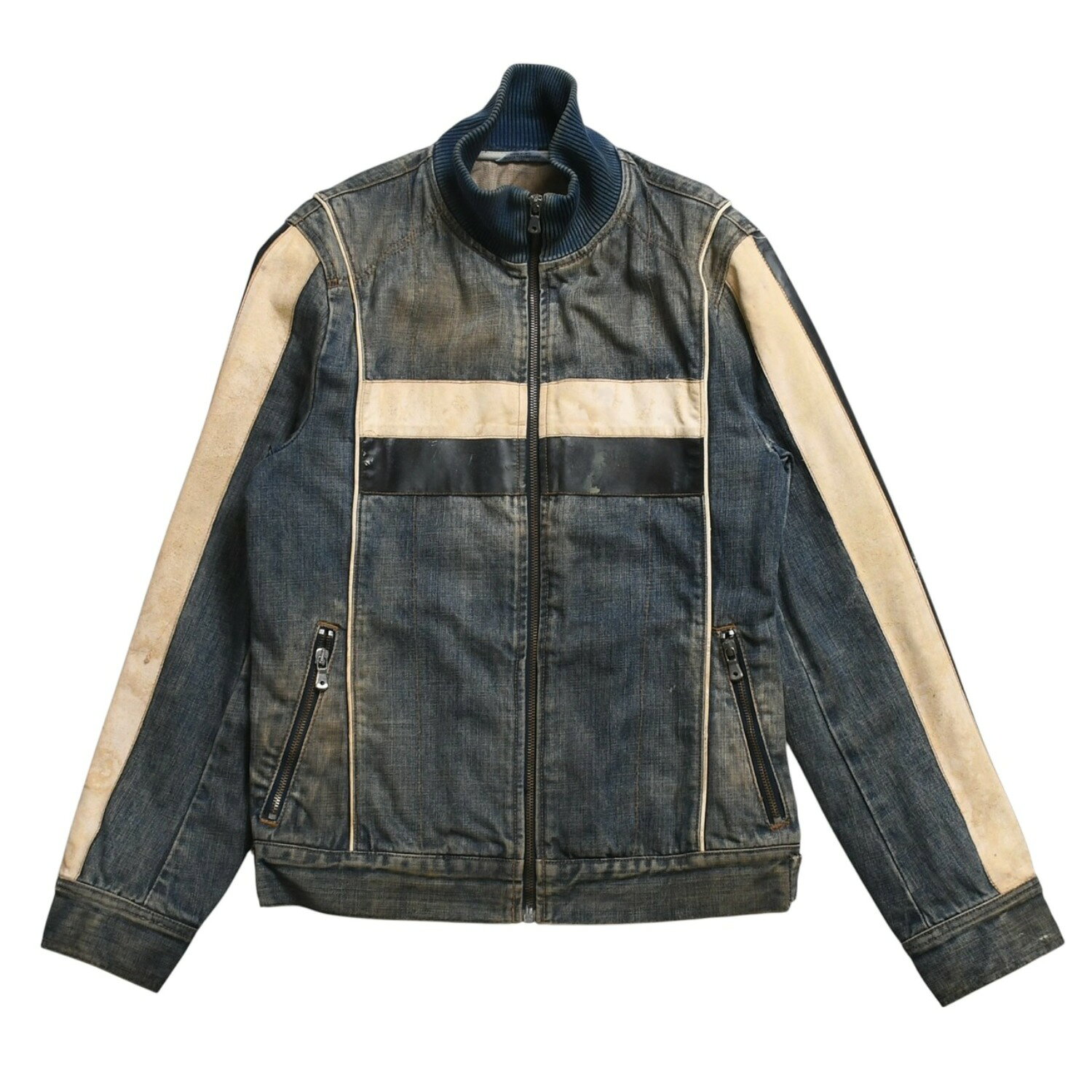 乐天商城 - DOLCE & GABBANA ドルチェ&ガッバーナ NAVY Hybrid Leather & Denim Jacket ネイビー ハイブリッド デニム ジャケット サイズ46 良品 中古 4a004148