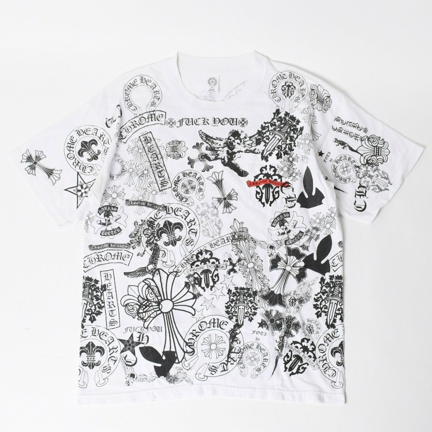 CHROME HEARTS クロムハーツ ポケットTシャツ CHクロス セメタリークロス ホースシュー ダガー スター フォティ ホワイト XLサイズ 美品 中古 4a004550