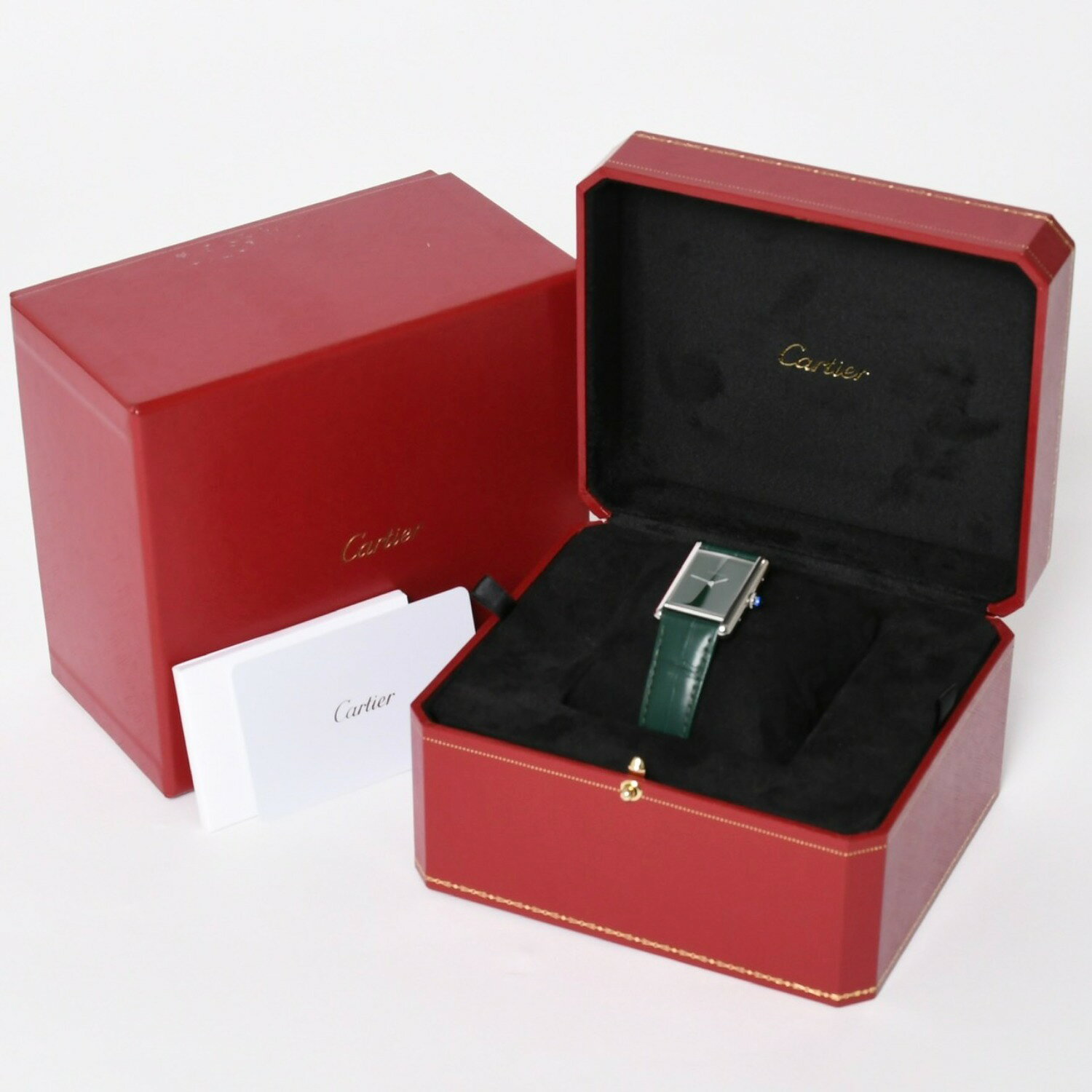 新品同様 CARTIER カルティエ TANK MUST LM タンクマスト LM 腕時計 WSTA0115 重量31.38g SS クォーツ レザー グリーン文字盤 中古 4a005303