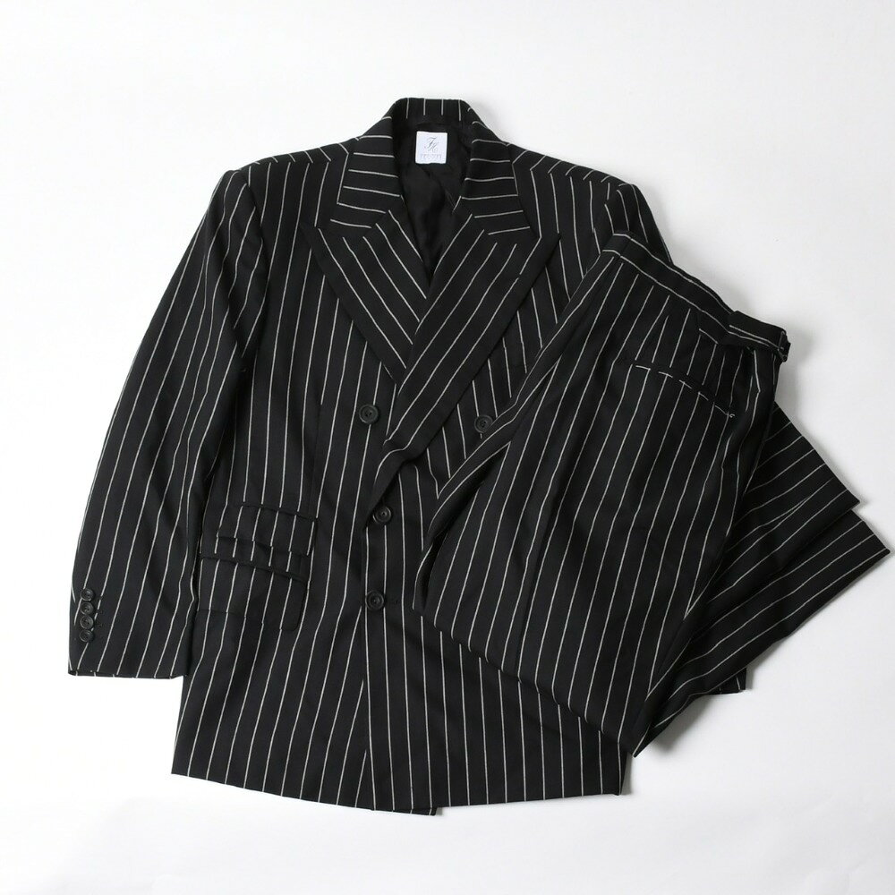 極美品 HUMIYA HIRANO フミヤ ヒラノ ピンストライプ柄 ダブルブレスト セットアップスーツ ブラック ホワイト サイズ40 ウール レーヨン 中古 4a007470