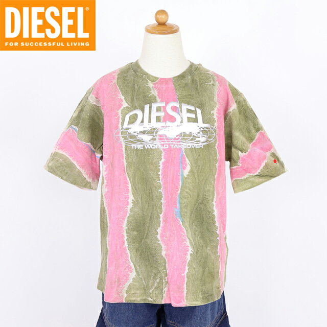 乐天商城 - ディーゼル（DIESEL JUNIOR）ジュニア 訳あり Tシャツ カーキ系 ロゴ×アースプリント総柄プリント半袖Tシャツ （サイズ/8Y）*ak0015