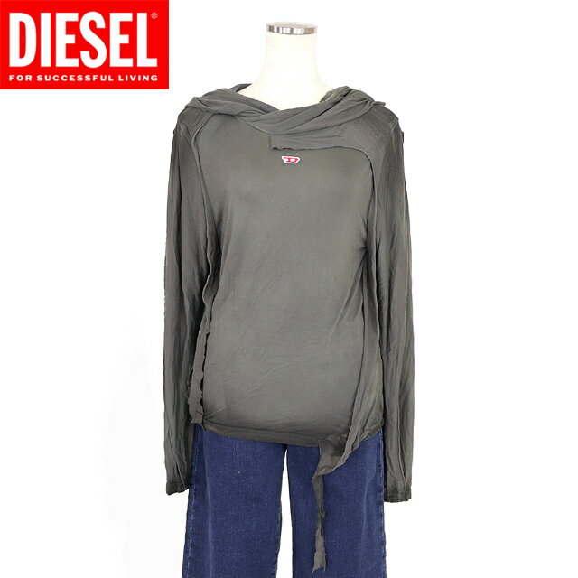 ディーゼル（DIESEL）レディース 訳あり 長袖Tシャツ カーキ系 T-AGO Dポイントフード付きアシメデザインロンT （サイズ/XS/S）*al0054