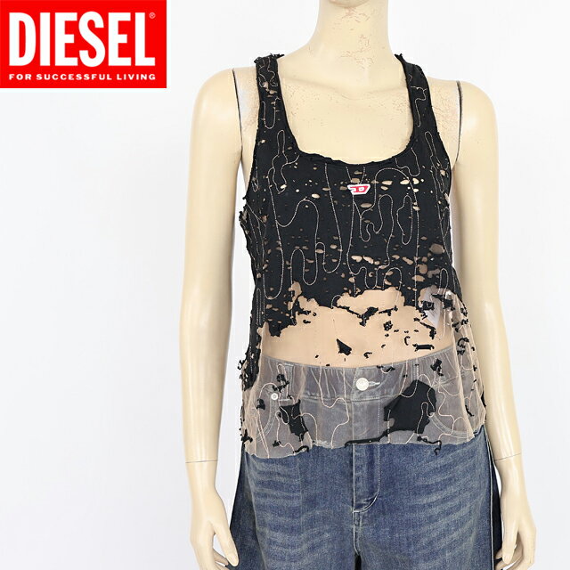 ディーゼル（DIESEL）レディース 訳あり タンクトップ ブラック系 T-BILS-DEV 刺繍×チュールデザインノースリトップス （サイズ/S）*al0058