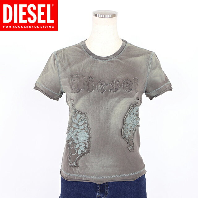 ディーゼル（DIESEL）レディース 訳あり 半袖Tシャツ カーキ系 刺繍×ロゴミリタリーTシャツ （サイズ/S/M）*al0073