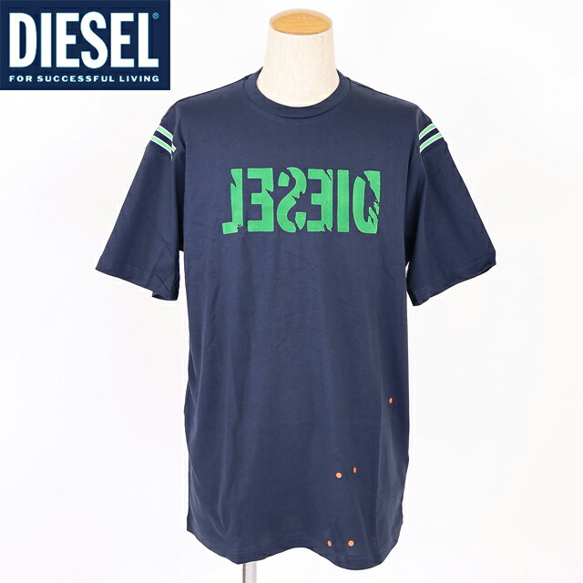 乐天商城 - ディーゼル（DIESEL）メンズ 訳あり Tシャツ 半袖 ネイビー系 T-JUST-R1B 袖ラインリブ切替フロッキーロゴプリント半袖Tシャツ （サイズ/M/L）*cm0032