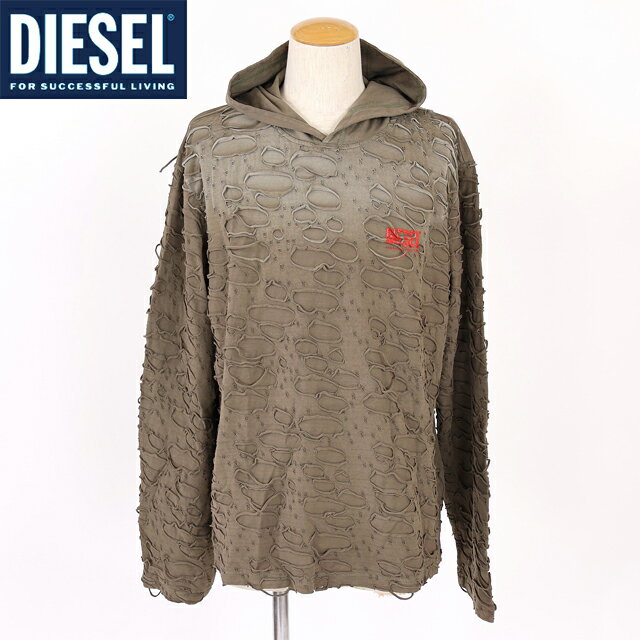 乐天商城 - ディーゼル（DIESEL）メンズ 訳あり Tシャツ 長袖 カーキ系 T-CRANE-LS-HOOD ダメージデザインフーディ （サイズ/M）*cm0047