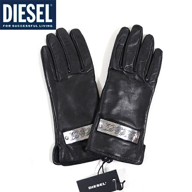 ディーゼル（DIESEL）メンズ 訳あり 革手袋・レザーグローブ ブラック系 　レザー使い ロゴプレート イタリア製 （サイズ/1）*cm3048