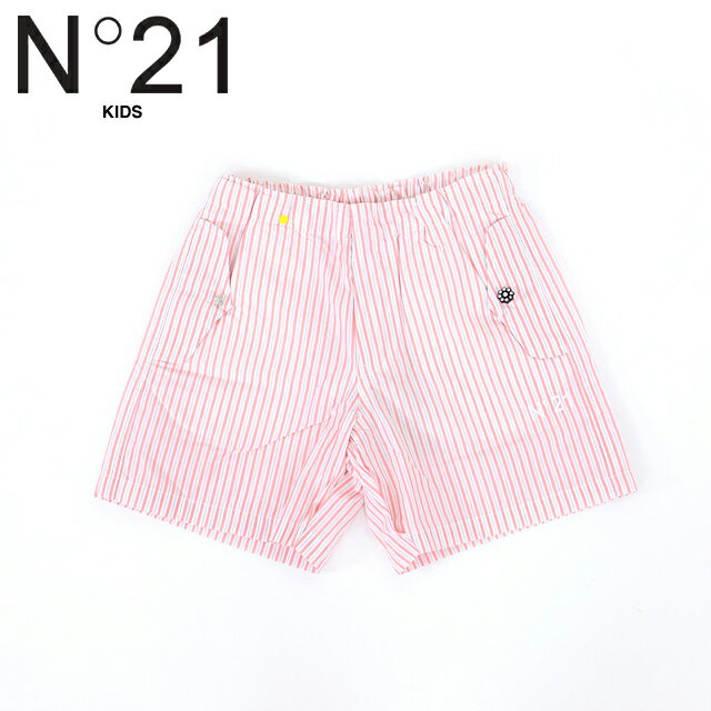 ヌメロ ヴェントゥーノ(N°21)キッズ 訳あり パンツ ピンク系 ロゴ刺繍 ビジュボタン付きハーフパンツ (サイズ/8Y)*dd0022