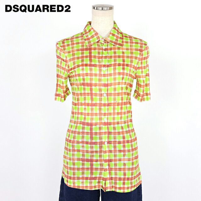 樂天商城 - ディースクエアード（DSQUARED2）レディース 半袖ブラウス グリーン系 　チェック柄タイトブラウス イタリア製 （サイズ/XS/S/M）*ds0023