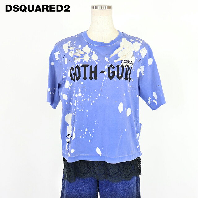 樂天商城 - ディースクエアード（DSQUARED2）レディース 半袖Tシャツ ブルー系 　裾レース×ダメージデザイン半袖Tシャツ イタリア製 （サイズ/XS）*ds0029
