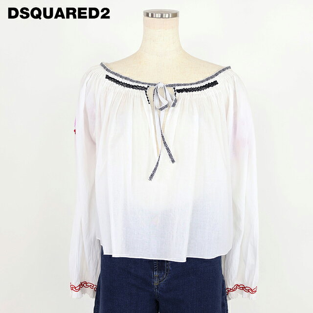 樂天商城 - ディースクエアード（DSQUARED2）レディース 長袖ブラウス ホワイト系 　デコルテネック刺繍入りフレアブラウス （サイズ/38）*ds0031