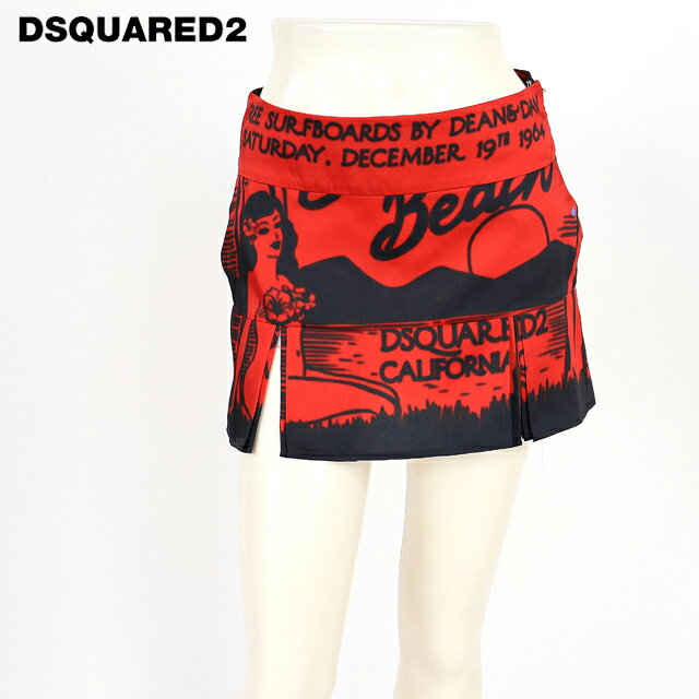 樂天商城 - ディースクエアード（DSQUARED2）レディース ミニスカート レッド系 　プリント柄裾プリーツスリットミニスカート イタリア製 （サイズ/36/38）*ds0038