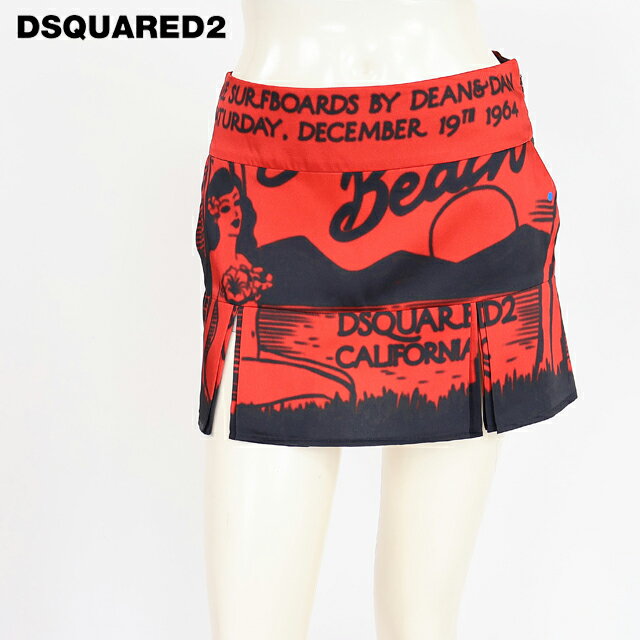 乐天商城 - ディースクエアード（DSQUARED2）レディース ミニスカート レッド系 　プリント柄裾プリーツミニスカート イタリア製 （サイズ/36）*ds0115