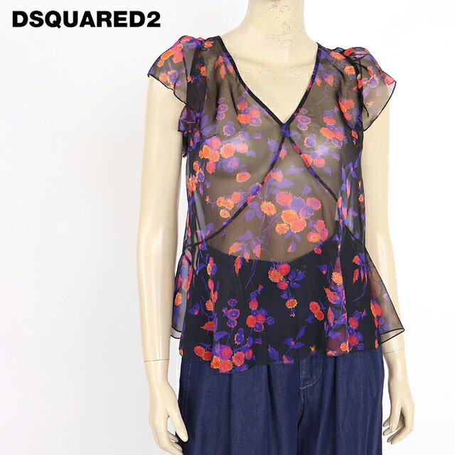 樂天商城 - ディースクエアード（DSQUARED2）レディース ノースリーブブラウス ブラック系 　ボタニカル柄フレアシホンブラウス イタリア製 （サイズ/38）*ds0117