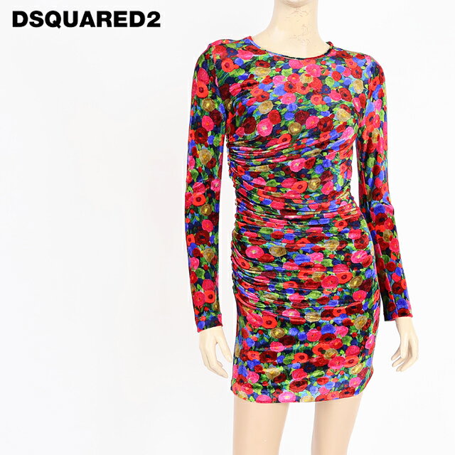 樂天商城 - ディースクエアード（DSQUARED2）レディース ワンピース ミディアム マルチカラー系 　総柄サイドギャザータイトワンピース イタリア製 （サイズ/XS）*ds0130