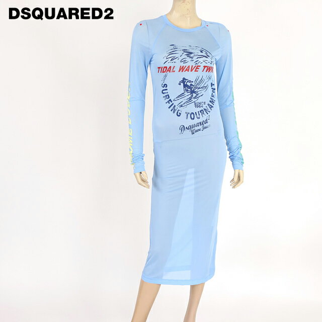 樂天商城 - ディースクエアード（DSQUARED2）レディース ロングワンピース ブルー系 　プリント×メッシュロングワンピース イタリア製 （サイズ/XS）*ds0136