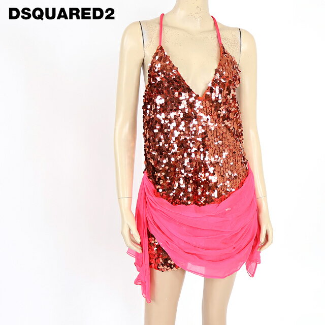 ディースクエアード（DSQUARED2）レディース ドレス ピンク系 シルクドレープ切替総スパンコールキャミワンピース イタリア製 （サイズ/38）*ds0153
