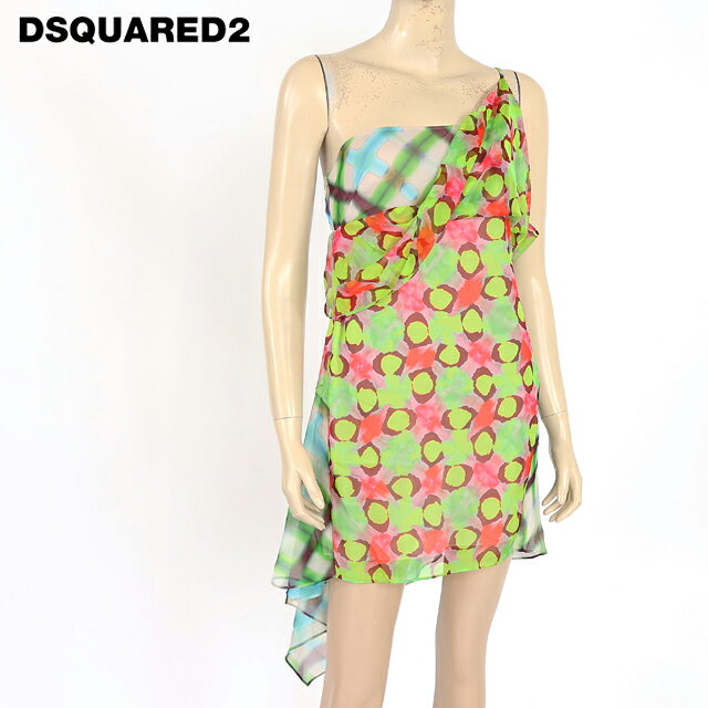 樂天商城 - ディースクエアード（DSQUARED2）レディース ドレス マルチカラー系 　アシメデザインプリントシフォンワンピース イタリア製 （サイズ/36/38/40）*ds0155