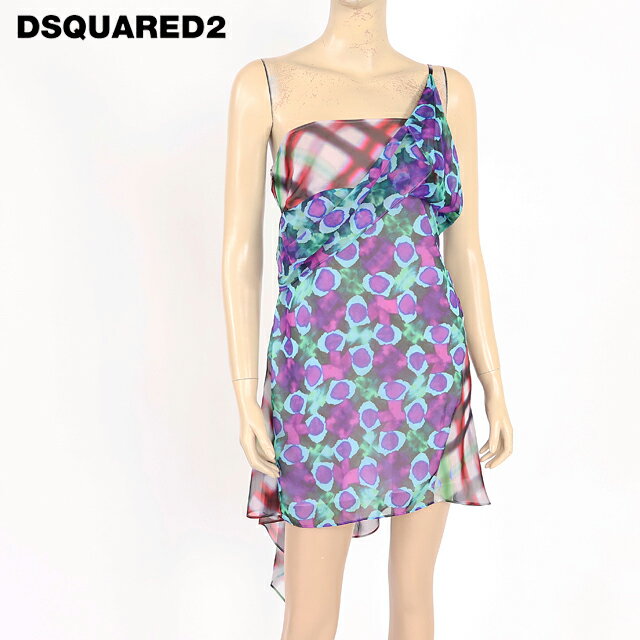 樂天商城 - ディースクエアード（DSQUARED2）レディース ドレス マルチカラー系 　アシメデザインプリントシフォンワンピース イタリア製 （サイズ/38）*ds0169