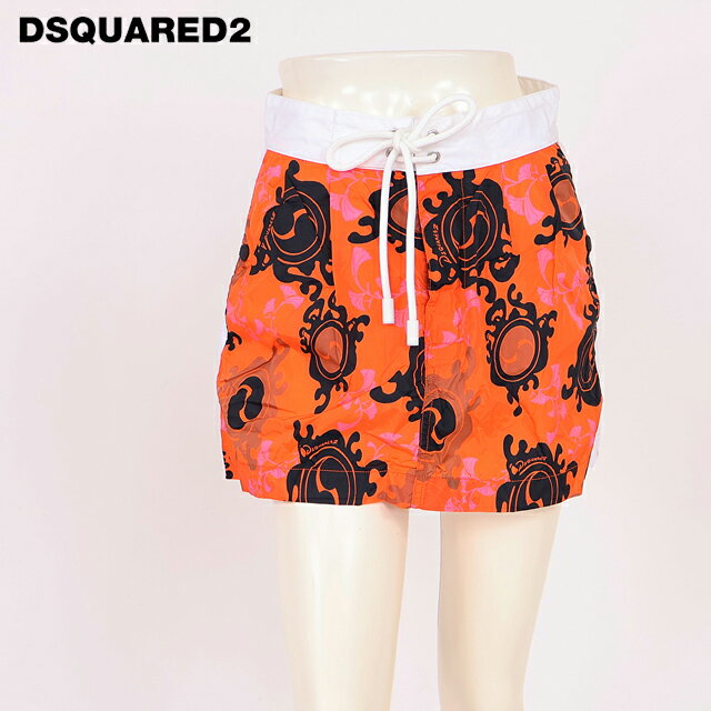 ディースクエアード（DSQUARED2）レディース ミニスカート オレンジ系 総柄ナイロンスカート イタリア製 （サイズ/36/38/40）*ds1078