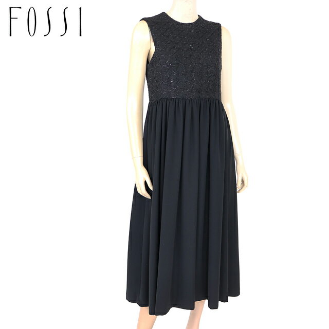 フォッシィ（FOSSI）レディース ロングワンピース ブラック系 ラメ入り スカート生地切替 イタリア製生地 （サイズ/40）*fs0101