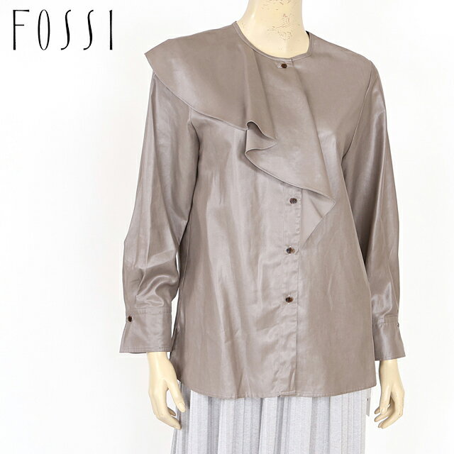 樂天商城 - フォッシィ（FOSSI）レディース 長袖ブラウス グレー系 トープ 　フリルデザイン 光沢あり （サイズ/40）*fs0110