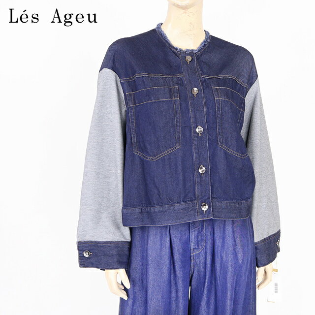 乐天商城 - レ・アージュ（Le's Ageu）レディース ジャケット ネイビー系 　袖切替ノーカラーデニムジャケット （サイズ/1）*ku0021