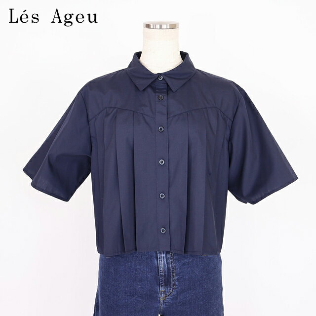 樂天商城 - レ・アージュ（Le's Ageu）レディース 半袖ブラウス ネイビー系 プリーツデザインショート丈ブラウス （サイズ/1）*ku0102