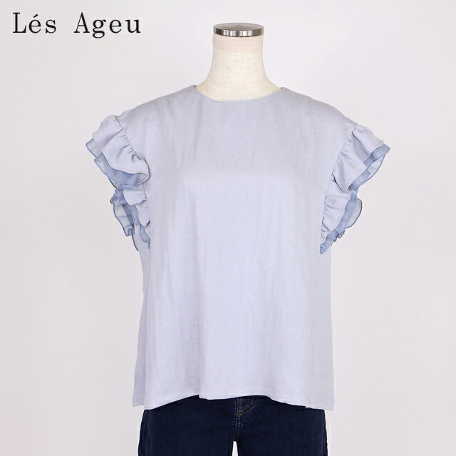 乐天商城 - レ・アージュ（Le's Ageu）レディース 半袖ブラウス ブルー系 フリル袖2枚重ね （サイズ/1）*ku0128